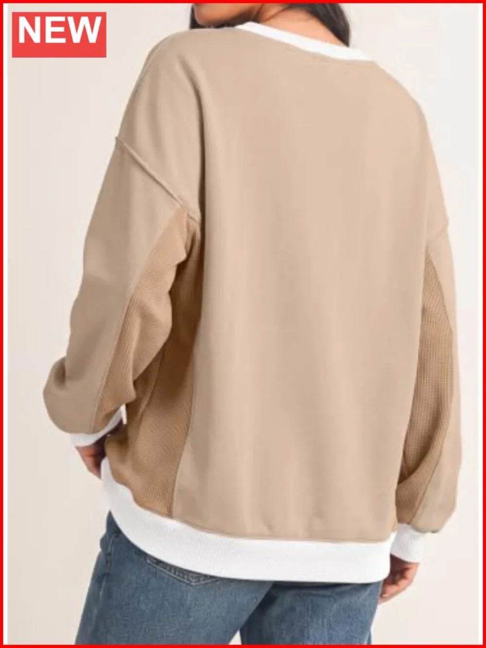 Waffle Knit Color Block Sweatshirt Oversized Long Sleeve Crew Neck Pullover